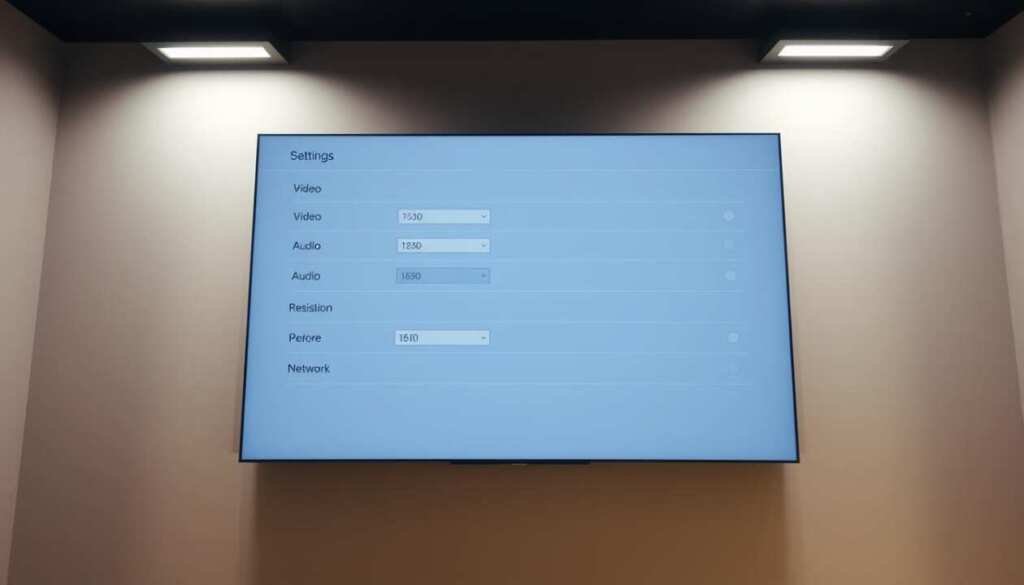 A well-lit, high-resolution image of the iKTV interface settings screen, shot from a slightly elevated angle with a wide-angle lens. The screen displays a clean, modern layout with clearly labeled sections for video, audio, and network configuration. The background is a soft, neutral gradient, gently drawing the eye to the central interface. The overall mood is one of simplicity and functionality, conveying a sense of ease and accessibility for first-time users.