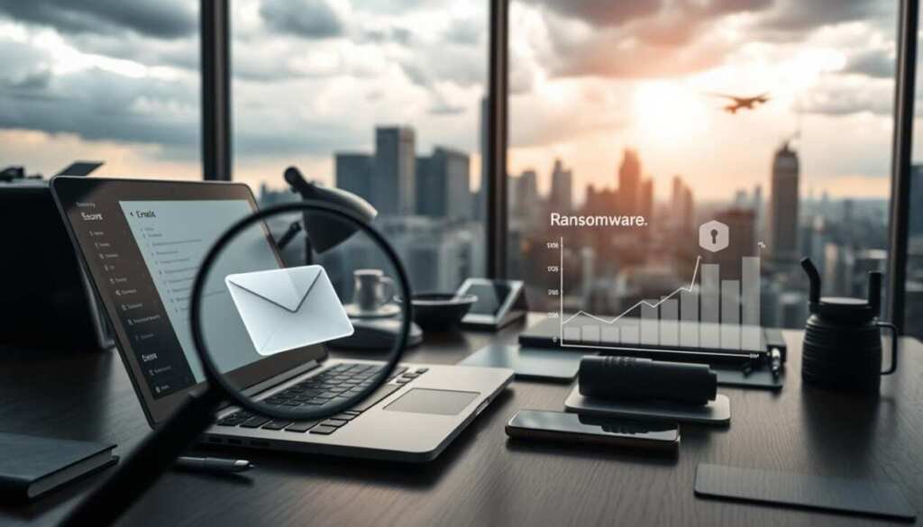 A well-lit office desk with a laptop, smartphone, and various cybersecurity tools arranged neatly. In the foreground, a magnifying glass hovers over an email inbox, highlighting the importance of vigilant email security. In the middle ground, a secure padlock icon and a graph visualizing ransomware protection metrics. In the background, a cityscape with a cloudy, ominous sky, suggesting the looming threat of cyber attacks. The overall scene conveys a sense of professionalism, preparedness, and a proactive approach to safeguarding against ransomware through comprehensive email security measures.