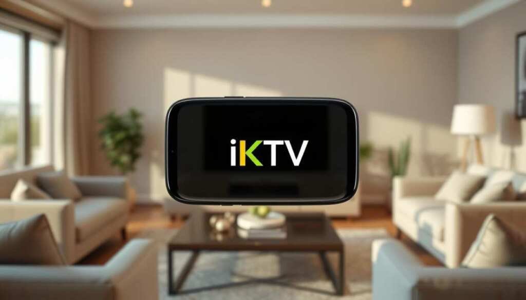 An HD, highly detailed, cinematic image of a glossy, modern-looking home screen shortcut for the iKTV media player app, shown against a soft, blurred background of a living room setting with neutral-toned furniture and decor. The shortcut is centered in the frame, with a clean, minimalist design featuring the iKTV logo and name prominently displayed. The image has a warm, inviting tone, with natural lighting casting gentle shadows and highlights to create depth and dimension. The camera angle is slightly elevated, giving a balanced, professional perspective that showcases the shortcut in an easy-to-see, user-friendly manner.