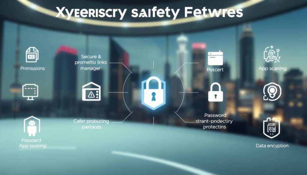Detailed cybersecurity safety features for XTZ mobile games. A well-lit, clean digital interface showcases a range of protective elements - secure download links, permissions manager, app scanning, password protection, and data encryption. In the middle ground, icons and graphics symbolize the robust security measures. The background features a blurred, futuristic city skyline, conveying a sense of technological sophistication. The overall tone is authoritative, informative, and visually appealing, designed to instill confidence in the safety of the XTZ gaming platform.