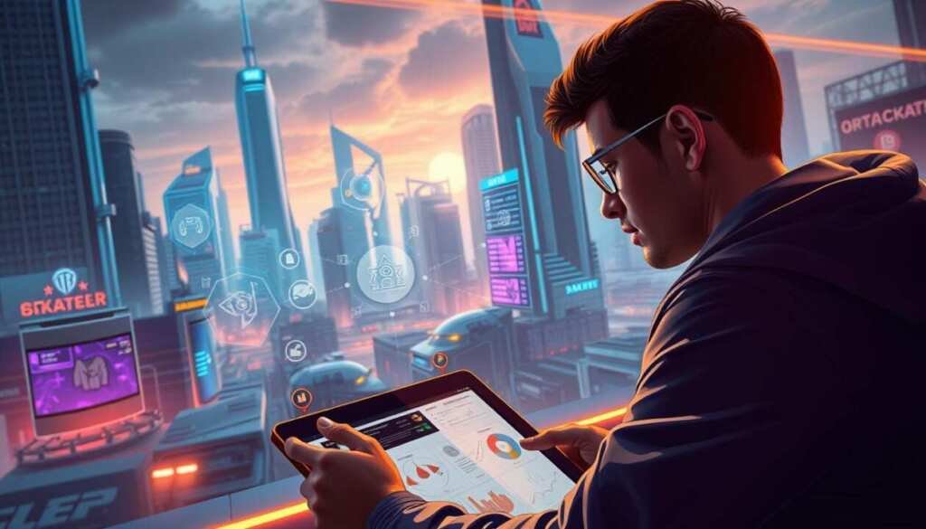 Detailed digital illustration of strategic gameplay optimization tips. Foreground features a person studying a tablet with diagrams and charts, representing data analysis and planning. Middle ground shows tactical icons, power-ups, and game elements, symbolizing gameplay mechanics. Background depicts a futuristic cityscape with towering skyscrapers, holographic displays, and a sleek, high-tech atmosphere. Lighting is a blend of warm ambient tones and cool, neon-like accents, creating a visually striking and immersive scene. The overall composition conveys a sense of thoughtful strategy, optimization, and a player's journey to enhance their gaming experience.