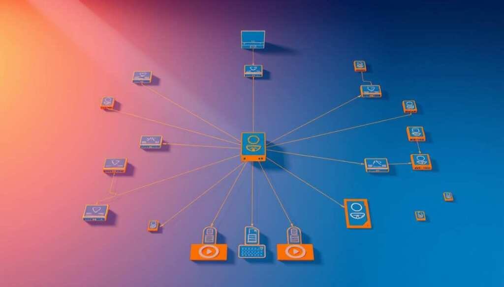 Detailed network diagram showcasing segmentation for ransomware protection. Clean, modern wireframe layout with distinct zones - core, distribution, and access layers. Intricate web of interconnected routers, switches, and firewalls. Vibrant blue and orange color scheme, sharp edges, and minimalist style. Carefully positioned security tools like IPS, VPN, and DNS filtering illustrated with subtle icons. Soft directional lighting from the top left casts dramatic shadows, emphasizing the complex architecture. The overall scene conveys a sense of robust, multilayered defense against cyber threats.