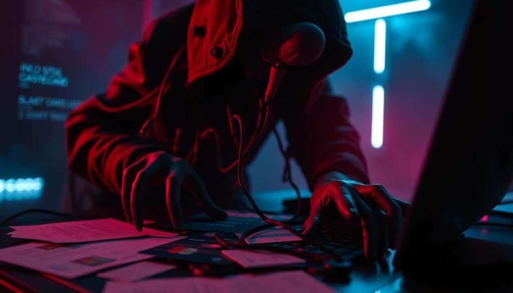 Dramatic close-up of an infostealer malware infiltrating a computer system. In the foreground, a dark, shadowy figure representing the malicious code, tendrils reaching out to a digital desktop with scattered sensitive documents, passwords, and credit card icons. Ominous red and blue lighting casts an eerie glow, heightening the sense of threat and invasion. The background is shrouded in an ominous haze, emphasizing the stealthy and insidious nature of the attack. Realistic, high-detailed cyberpunk-inspired aesthetic, cinematic composition and mood.