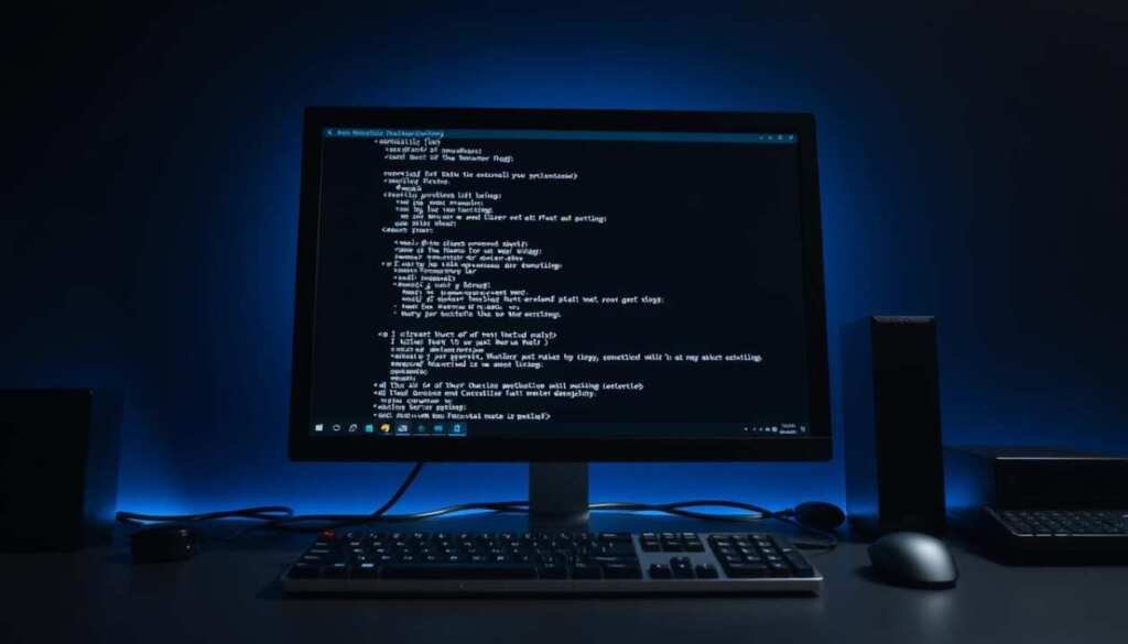 Highly detailed and realistic image of a Metasploit command interface on a dark computer screen, backlit with a cool blue glow. The interface shows a terminal window with a command prompt, displaying various Metasploit commands and options. The screen is surrounded by a sleek, modern desktop setup, with a keyboard, mouse, and other peripherals visible in the foreground. The overall scene conveys a professional, technical atmosphere, suitable for an article on using Metasploit safely and effectively.
