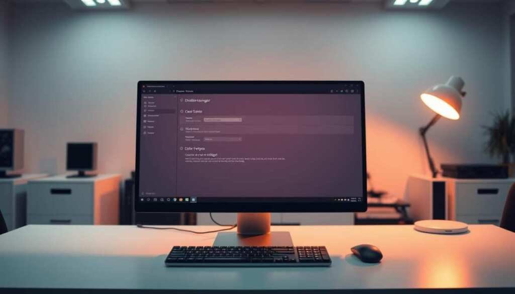Prompt A digital workspace with a sleek, modern interface. In the foreground, a computer screen displaying settings panels for disabling a Microsoft keylogger. The screen is bathed in warm, indirect lighting, creating a sense of focus and productivity. In the middle ground, a well-organized desk with a keyboard, mouse, and other work essentials. The background features a clean, minimalist environment, hinting at a professional, technology-driven setting. The overall atmosphere conveys a sense of control, security, and the empowerment to take charge of one's digital privacy.