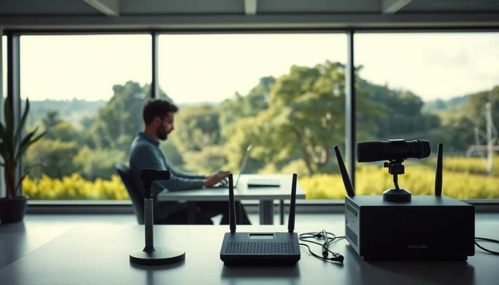 Prompt A modern, minimalist office interior with large windows overlooking a lush, verdant landscape. In the foreground, a person sits comfortably at a sleek, minimalist desk, intently focused on a laptop screen. Soft, indirect lighting from above creates a calming, productive atmosphere. In the middle ground, various devices and peripherals are neatly arranged, representing the tools for an optimized streaming experience - a high-quality webcam, a professional-grade microphone, and a high-bandwidth internet router. The background features abstract, geometric shapes and patterns, hinting at the technological complexity and innovation behind seamless digital media delivery. The overall scene conveys a sense of efficiency, focus, and a harmonious balance between humans and technology.