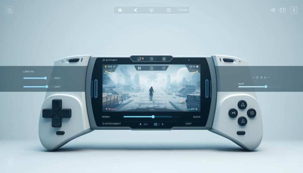 a user-friendly gaming interface set in a modern, clean, and minimalist design. the interface features a central display showcasing the main game scene, with intuitive controls and menus arranged in a clear and organized layout around the edges. the color scheme is a harmonious blend of soft blues, grays, and whites, creating a calming and inviting atmosphere. the interface elements, such as buttons, icons, and sliders, are large, well-spaced, and easy to interact with, ensuring a seamless and enjoyable gaming experience. the overall composition is balanced and visually appealing, with a focus on simplicity and usability.