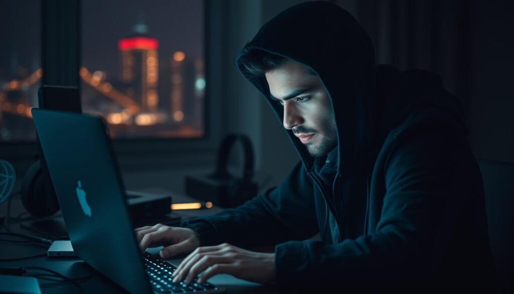 A close-up portrait of an ethical hacker seated at a desk, working intently on a laptop. The subject's face is partially obscured by the screen's glow, conveying a sense of concentration and intensity. The desk is cluttered with various cybersecurity tools and devices, reflecting the hacker's technical expertise. The background is dimly lit, with a subtle neon-lit cityscape visible through a window, suggesting the hacker's urban, high-tech environment. Soft, directional lighting illuminates the subject's face, creating dramatic shadows and highlights that emphasize their determination and focus. The overall tone is serious and professional, capturing the essence of an ethical hacker's role.