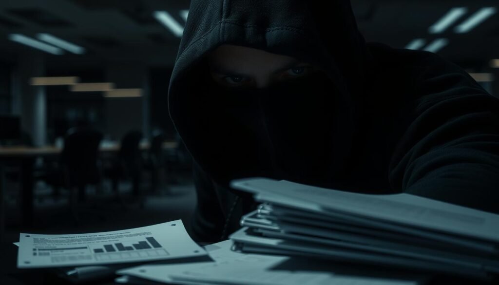 A close-up shot of a hooded figure peering suspiciously from the shadows, their face partially obscured by a dark mask. In the foreground, a laptop and files are scattered, hinting at a breach of sensitive information. The middle ground features a vague office setting, with desks and chairs cast in a dimly lit, ominous atmosphere. The background is blurred, but suggests the confines of a corporate workspace, adding to the sense of an insider threat lurking within the organization. Dramatic chiaroscuro lighting casts dramatic shadows, emphasizing the clandestine nature of the scene. The overall mood is one of unease, tension, and the unseen dangers that can arise from within an organization.