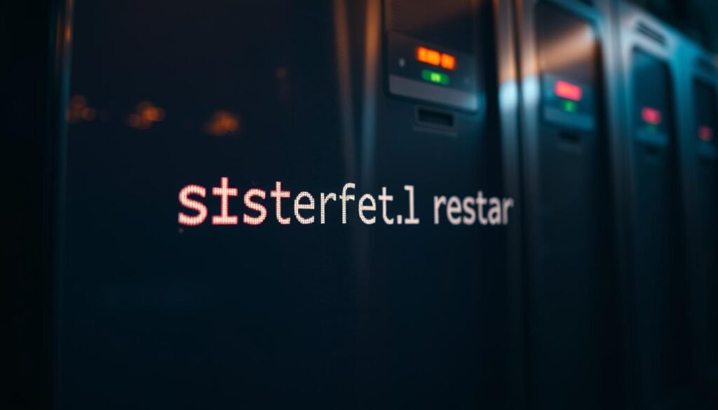 A close-up view of a Linux terminal screen, with a blurred background of a server rack or data center. The terminal displays the command "systemctl restart ssh" prominently, conveying the action of restarting the SSH service. The text is rendered in a clean, monospace font, creating a sense of technical precision. Subtle ambient lighting casts a warm, focused glow on the screen, guiding the viewer's attention to the key information. The overall tone is one of problem-solving and system administration, reflecting the article's subject matter.