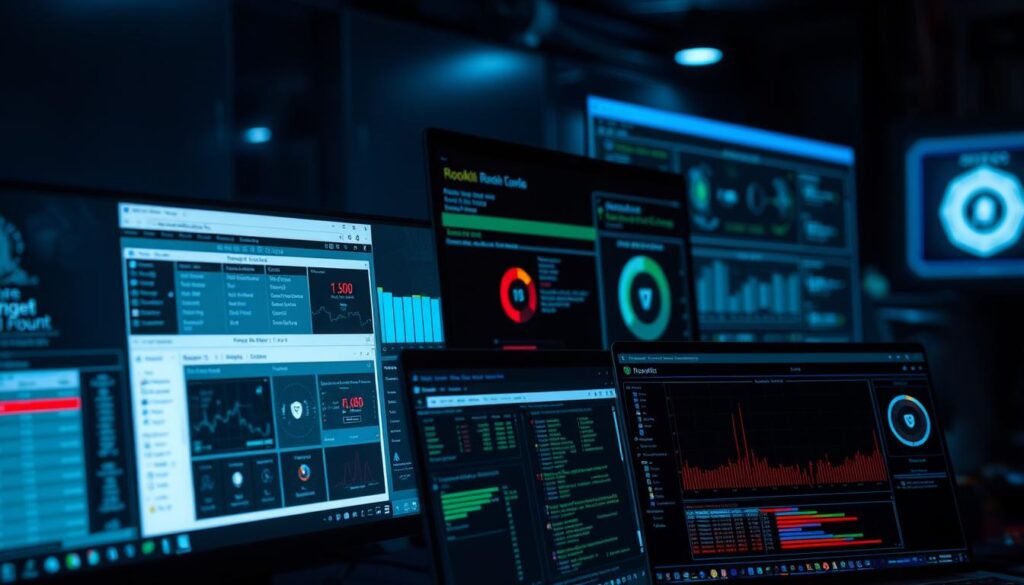 A close-up view of a computer desktop displaying a selection of advanced rootkit detection tools. In the foreground, various security software windows are open, showcasing detailed system scans and process monitoring. The middle ground features sleek, minimalist user interfaces with sophisticated visualization dashboards. In the background, a dimly lit, moody atmosphere creates a sense of vigilance, as if uncovering hidden threats. Crisp lighting and a shallow depth of field draw the viewer's attention to the core functionality of these specialized tools, emphasizing their technical prowess in exposing and eliminating stealthy rootkit infections.