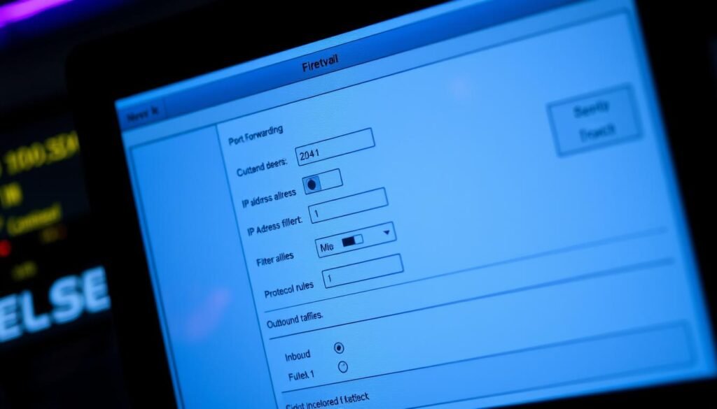 A close-up view of a computer monitor screen displaying the configuration settings of a firewall. The interface features various sliders, switches, and dropdown menus for adjusting network security parameters such as port forwarding, IP address filtering, and protocol-based rules. The screen is illuminated by a soft, ambient glow, creating a subtle, technical atmosphere. The layout is clean and intuitive, with clearly labeled sections for inbound and outbound traffic management. The overall impression conveys a sense of control and customization over the server's protective barrier against unauthorized access.