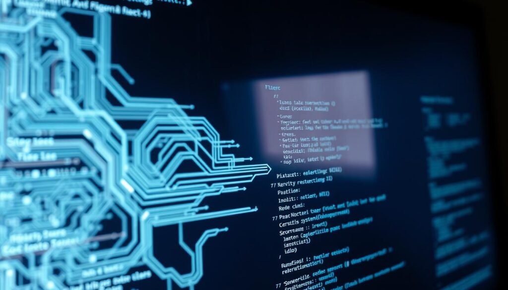 A close-up view of a computer monitor screen displaying the inner workings of a rootkit. The foreground shows a complex web of code and data structures, pulsing with activity and illuminated by a soft, bluish glow. The middle ground depicts various system processes and functions being manipulated by the rootkit, with lines of code and data streams flowing between them. In the background, a dark, ominous presence looms, suggesting the stealthy and subversive nature of the rootkit's operation. The overall scene conveys a sense of technical complexity, hidden danger, and the unseen forces at work within a compromised system.