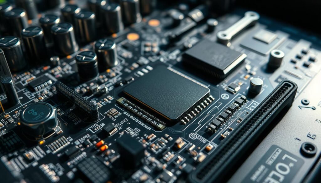 A close-up view of a computer motherboard, showcasing various electronic components and integrated circuits. The components are highlighted, revealing potential software vulnerabilities such as outdated firmware, unpatched security flaws, and design weaknesses. The image is captured with a high-resolution macro lens, emphasizing the intricate details and complexity of the hardware. The lighting is sharp and directional, casting shadows that accentuate the textured surfaces and edges of the motherboard. The overall mood is one of technical precision and the need for vigilance in maintaining system security. A close-up view of a computer motherboard, showcasing various electronic components and integrated circuits. The components are highlighted, revealing potential software vulnerabilities such as outdated firmware, unpatched security flaws, and design weaknesses. The image is captured with a high-resolution macro lens, emphasizing the intricate details and complexity of the hardware. The lighting is sharp and directional, casting shadows that accentuate the textured surfaces and edges of the motherboard. The overall mood is one of technical precision and the need for vigilance in maintaining system security.