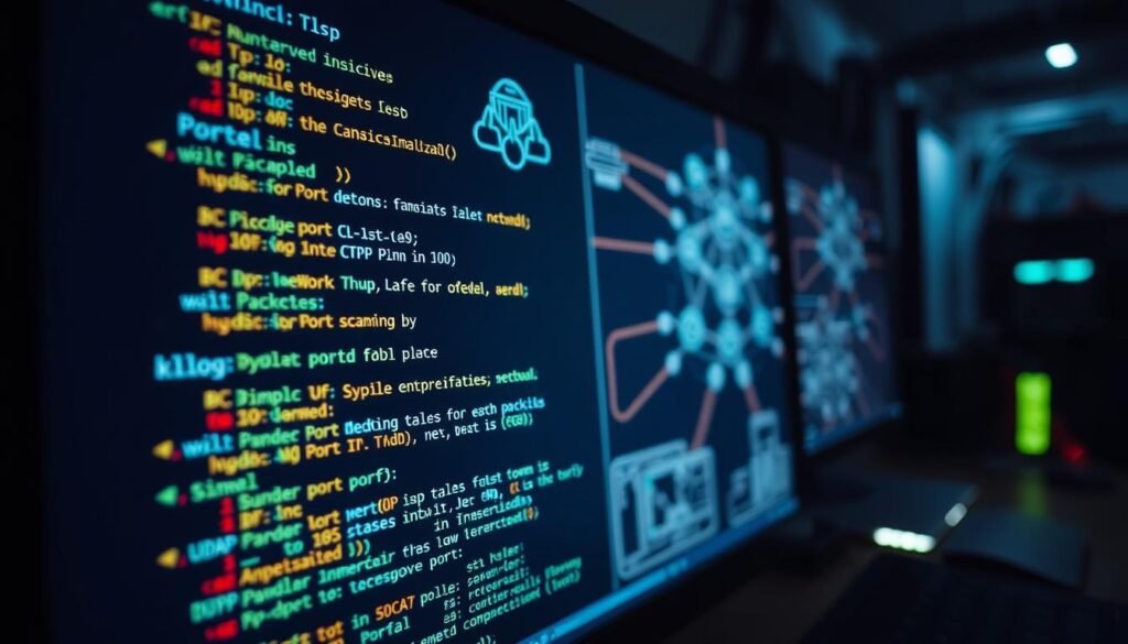 A close-up view of a computer screen displaying a port scanning interface. The foreground showcases a command-line terminal with lines of code representing the TCP and UDP port scanning process, illuminated by the glow of the monitor. The middle ground features various network connectivity diagrams and visualizations, illustrating the flow of data packets across different ports. The background subtly suggests a dimly lit workspace, with the faint outlines of networking equipment and cables, creating an atmosphere of technical exploration and analysis. The lighting is crisp and focused, highlighting the technical details and the sense of investigative inquiry.