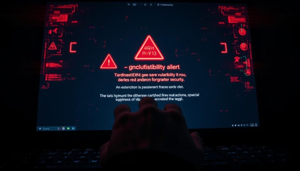 A close-up view of a computer screen displaying an ominous-looking security vulnerability alert, its red warning symbols and technical jargon conveying a sense of urgency and concern. In the foreground, a hand hovers over the keyboard, poised to respond to the threat. The background is dimly lit, with shadows and a subdued color palette, creating an atmosphere of seriousness and tension. The lighting is dramatic, casting sharp shadows and highlighting the details of the screen, emphasizing the gravity of the situation. The camera angle is slightly tilted, adding a sense of unease and instability to the scene.