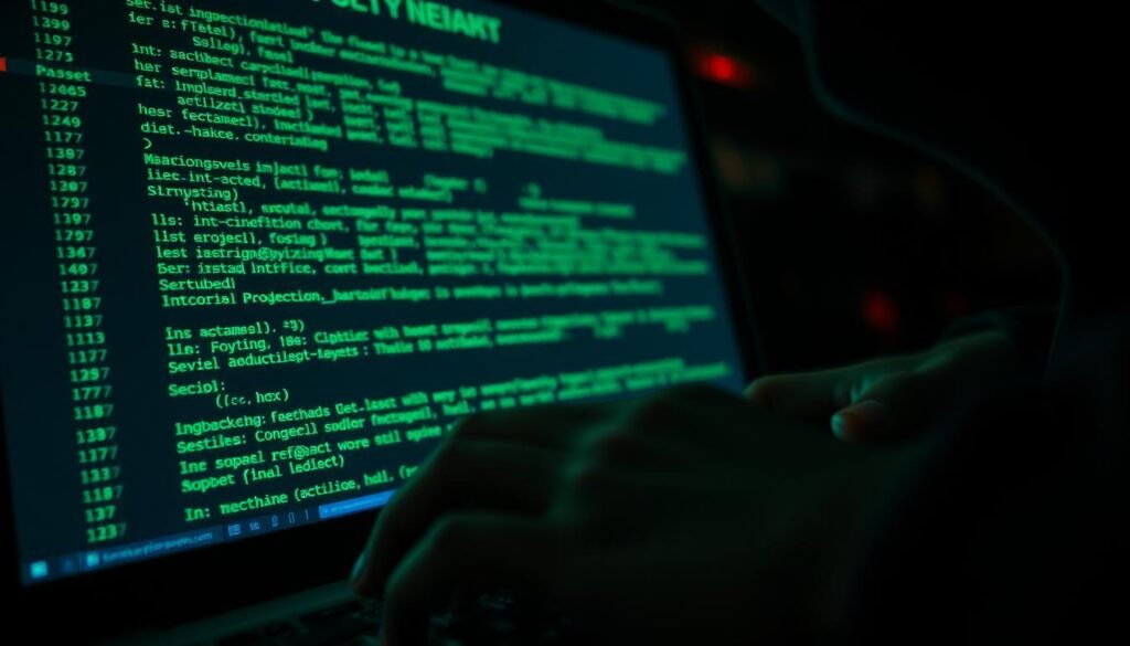 A close-up view of a computer screen displaying lines of SQL code, with a striking neon green glow emanating from the text. In the foreground, a hacker's hand, cloaked in shadows, types furiously on the keyboard, their fingers a blur. The background is shrouded in a dark, ominous atmosphere, hinting at the potential consequences of a successful SQL injection attack. The scene is lit by a dramatic, high-contrast lighting, creating a tense and foreboding mood, emphasizing the gravity and danger of the situation.