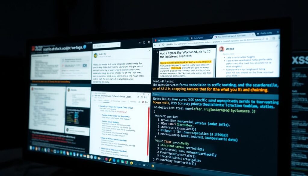 A close-up view of a computer screen showcasing real-world examples of cross-site scripting (XSS) attacks. The screen displays various web pages and web applications with visible vulnerabilities, such as user input fields, forms, and URLs. The foreground focuses on the specific XSS attack vectors, highlighting how malicious scripts can be injected into these elements. The middle ground depicts the potential consequences of these attacks, such as stealing user data, hijacking sessions, or defacing web pages. The background provides a subtle, dimly lit office setting, conveying the serious and technical nature of the subject matter. The lighting is subtle, creating shadows and highlights that draw the viewer's attention to the key details on the screen. The camera angle is slightly elevated, giving a sense of the researcher's perspective as they investigate these real-world XSS examples. A close-up view of a computer screen showcasing real-world examples of cross-site scripting (XSS) attacks. The screen displays various web pages and web applications with visible vulnerabilities, such as user input fields, forms, and URLs. The foreground focuses on the specific XSS attack vectors, highlighting how malicious scripts can be injected into these elements. The middle ground depicts the potential consequences of these attacks, such as stealing user data, hijacking sessions, or defacing web pages. The background provides a subtle, dimly lit office setting, conveying the serious and technical nature of the subject matter. The lighting is subtle, creating shadows and highlights that draw the viewer's attention to the key details on the screen. The camera angle is slightly elevated, giving a sense of the researcher's perspective as they investigate these real-world XSS examples.