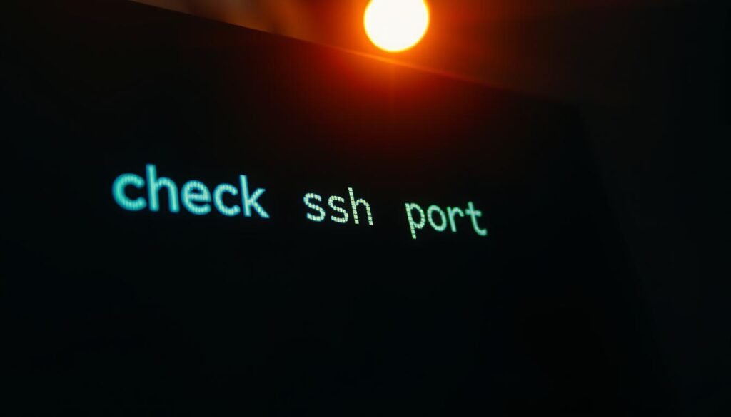 A close-up view of a computer terminal displaying a command prompt with the text "check ssh port" typed in. The terminal is illuminated by a warm, focused light, casting dramatic shadows and highlights on the screen. The background is dimly lit, with a subtle texture or pattern, conveying a sense of a professional, technical environment. The composition emphasizes the command prompt, drawing the viewer's attention to the critical task of identifying an exposed SSH port on a Linux server.