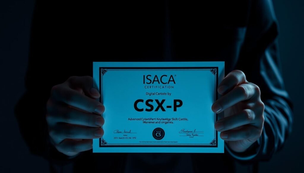 A close-up view of a cybersecurity professional's hands holding a digital certification against a dark, moody backdrop. The certificate's sleek, modern design features the ISACA logo and "CSX-P" text prominently displayed. Soft, directional lighting from the side casts dramatic shadows, emphasizing the gravitas and significance of the certification. The overall tone is one of authority, expertise, and the pursuit of advanced cybersecurity knowledge and skills.