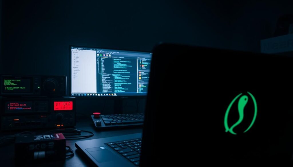 A close-up view of a hacker's workstation, featuring an array of essential Kali Linux tools. In the foreground, a sleek black laptop with the Kali Linux logo prominently displayed, its screen illuminated with various terminal windows and hacking applications. Surrounding the laptop, an assortment of specialized hardware tools, such as a network analyzer, wireless adapter, and a Raspberry Pi-based penetration testing device. In the middle ground, a high-resolution display showcases a Kali Linux desktop, with various security-focused applications and utilities open, providing a glimpse into the powerful capabilities of this ethical hacking distribution. The background is shrouded in a moody, dimly lit atmosphere, creating a sense of focus and intensity, as if the viewer is witnessing the preparation for a critical cybersecurity operation. A close-up view of a hacker's workstation, featuring an array of essential Kali Linux tools. In the foreground, a sleek black laptop with the Kali Linux logo prominently displayed, its screen illuminated with various terminal windows and hacking applications. Surrounding the laptop, an assortment of specialized hardware tools, such as a network analyzer, wireless adapter, and a Raspberry Pi-based penetration testing device. In the middle ground, a high-resolution display showcases a Kali Linux desktop, with various security-focused applications and utilities open, providing a glimpse into the powerful capabilities of this ethical hacking distribution. The background is shrouded in a moody, dimly lit atmosphere, creating a sense of focus and intensity, as if the viewer is witnessing the preparation for a critical cybersecurity operation.