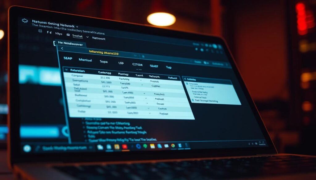 A close-up view of a laptop screen displaying the Netdiscover tool's user interface. The screen shows various network information and host identification details, with clear icons and visual cues to represent the different features. The scene is illuminated by a warm, focused light, casting subtle shadows and highlighting the details on the screen. The background is blurred, creating a sense of depth and emphasis on the Netdiscover interface. The overall tone is one of technical precision and informative clarity, reflecting the subject matter of the "Understanding Netdiscover and Its Features" section.