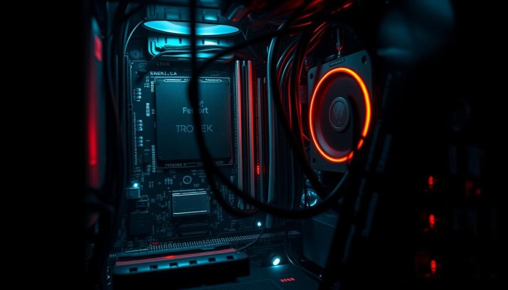 A close-up view of a mysterious computer system, its inner workings exposed, with a sinister rootkit lurking in the shadows. The motherboard's intricate circuitry is backlit by a soft, eerie glow, casting an unsettling atmosphere. Shadowy tendrils of the rootkit's malicious code snake through the hardware, hiding in plain sight, evading detection by conventional security measures. The image conveys a sense of unease, as the viewer is made aware of the rootkit's stealthy presence, a silent threat within the very foundations of the system.