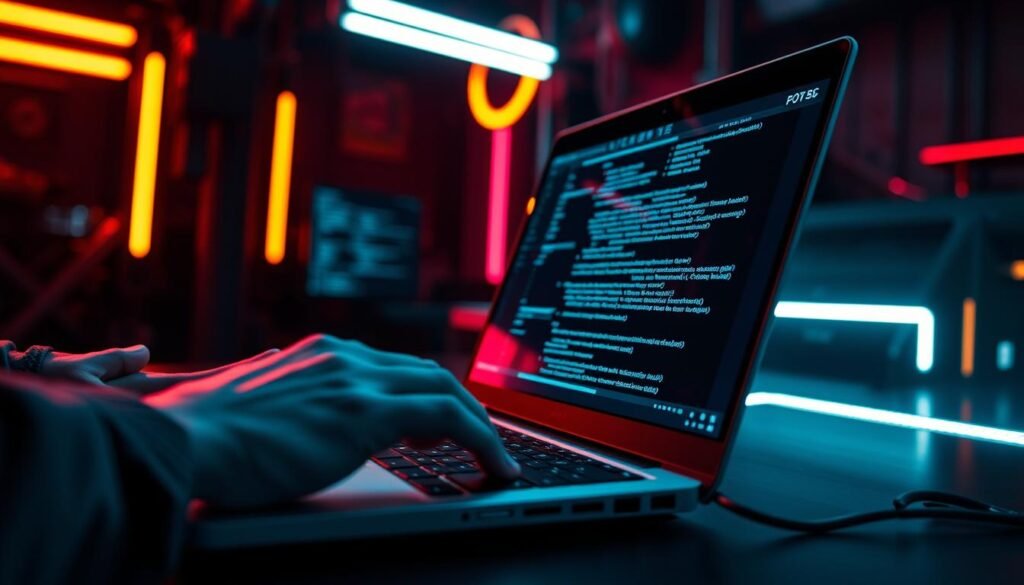A close-up view of hands expertly navigating a sleek, high-tech laptop, the screen reflecting a complex network of lines and code. In the background, a dark, moody atmosphere with neon accents, conveying the intense focus and technical prowess of an ethical hacker. Dramatic lighting casts shadows, emphasizing the precision and skill required to manipulate digital systems. The scene exudes a sense of power, control, and the thrill of unlocking the secrets of technology.