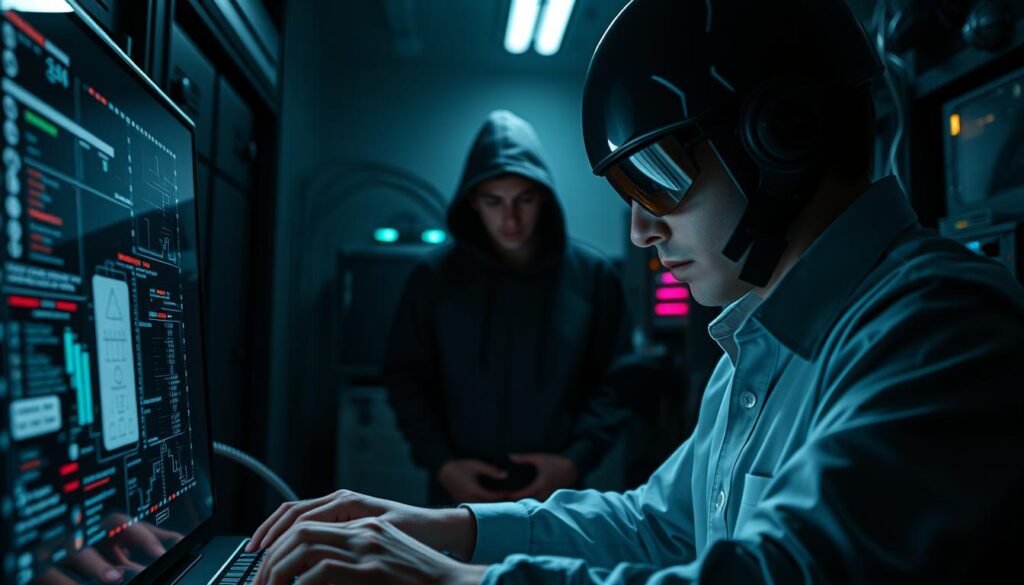 A close-up view of three distinct hacker archetypes, standing in a dimly lit cybersecurity command center. In the foreground, a White Hat hacker, clad in a crisp button-down shirt, diligently works at a sleek, holographic computer interface, their face illuminated by the soft glow of the screen. In the middle ground, a Black Hat hacker, garbed in a dark hoodie, hunches over a complex array of hardware and cables, their expression shrouded in shadow. In the background, a Grey Hat hacker, standing between the other two, their neutral stance and casual attire suggesting a more ambiguous approach to cybersecurity. Dramatic lighting casts sharp contrasts, creating an atmosphere of high-stakes digital intrigue.