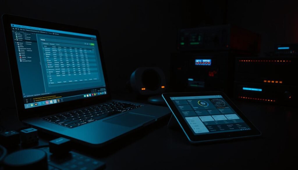 A close-up view of various cybersecurity tools and software on a dark, moody desk setup. In the foreground, an open laptop displays a vulnerability scanning interface, its screen glowing against the shadowy background. Alongside it, an array of hardware probes, network sniffers, and security appliances sit ready for deployment. In the middle ground, a tablet or smartphone displays a threat intelligence dashboard, its sleek interface providing real-time insights. The dim, atmospheric lighting creates a sense of urgency and focus, emphasizing the critical nature of vulnerability detection in safeguarding digital systems. A close-up view of various cybersecurity tools and software on a dark, moody desk setup. In the foreground, an open laptop displays a vulnerability scanning interface, its screen glowing against the shadowy background. Alongside it, an array of hardware probes, network sniffers, and security appliances sit ready for deployment. In the middle ground, a tablet or smartphone displays a threat intelligence dashboard, its sleek interface providing real-time insights. The dim, atmospheric lighting creates a sense of urgency and focus, emphasizing the critical nature of vulnerability detection in safeguarding digital systems.