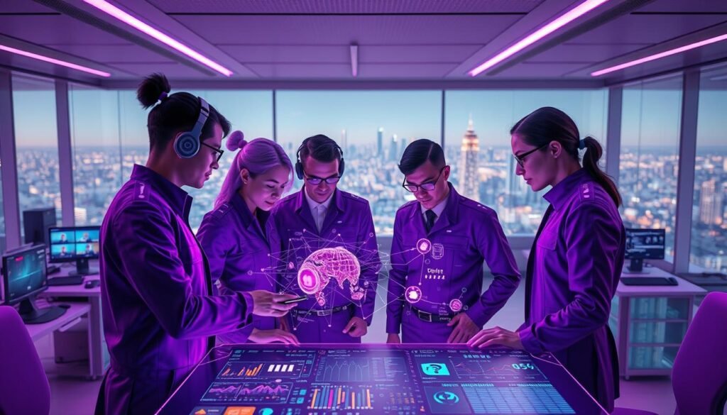 A collaborative cybersecurity team working in a vibrant, futuristic setting. In the foreground, four professionals in sleek purple uniforms huddle over a large holographic display, analyzing intricate network diagrams and threat data. Soft purple lighting bathes the scene, creating an atmosphere of focused intensity. In the middle ground, advanced technology workstations and displays showcase real-time security monitoring. The background features a panoramic view of a sleek, minimalist office environment with floor-to-ceiling windows overlooking a dynamic cityscape. The overall impression is one of a highly capable, coordinated purple team working in harmony to safeguard critical systems.