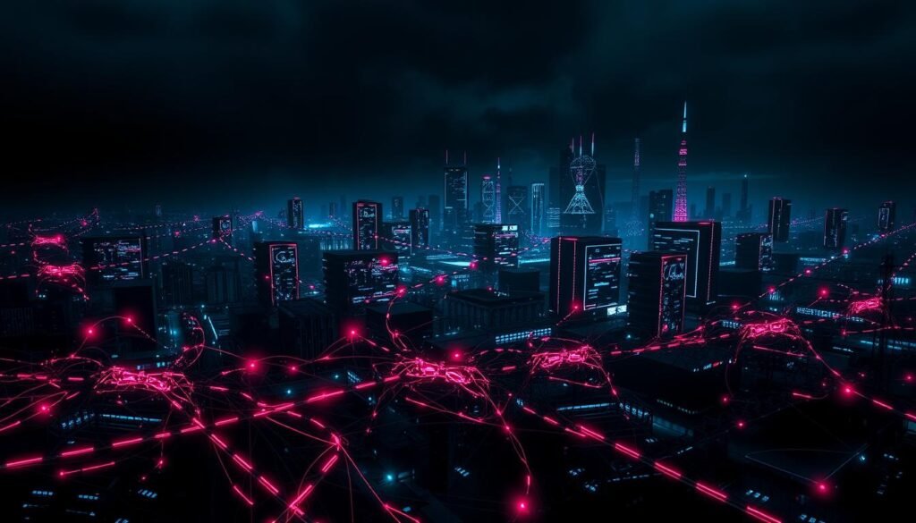 A complex network landscape with unusual traffic patterns and anomalies. The foreground displays a tangle of neon-colored data streams, pulsing and swarming erratically. In the middle ground, node icons flicker and glitch, signaling disruptions. The background features a dark, ominous cityscape of server towers and antennas, cast in moody, contrasty lighting. The overall atmosphere conveys a sense of digital chaos and potential security threats, conveying the essence of "unusual network activity" that demands attention. A complex network landscape with unusual traffic patterns and anomalies. The foreground displays a tangle of neon-colored data streams, pulsing and swarming erratically. In the middle ground, node icons flicker and glitch, signaling disruptions. The background features a dark, ominous cityscape of server towers and antennas, cast in moody, contrasty lighting. The overall atmosphere conveys a sense of digital chaos and potential security threats, conveying the essence of "unusual network activity" that demands attention.