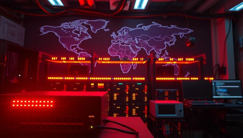 A complex network topology for a red team lab, illuminated by warm, ambient lighting. In the foreground, a router and firewall devices stand sentry, their blinking lights casting a soft glow. The middle ground features a rack of servers and workstations, each meticulously configured for penetration testing and offensive security operations. In the background, a stylized world map serves as a backdrop, hinting at the global scale of cybersecurity threats. The scene exudes a sense of purpose and professionalism, reflecting the careful planning and attention to detail required to build an effective red team lab.
