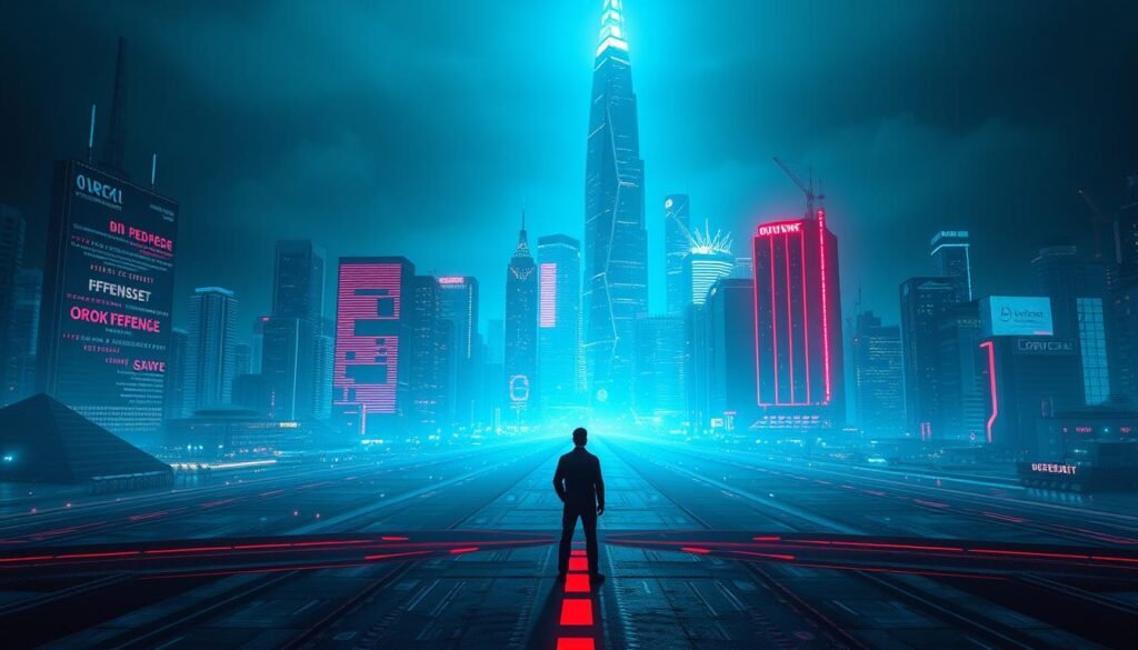 A cybersecurity career path, depicted as a futuristic cityscape. In the foreground, a cybersecurity professional stands at a crossroads, considering the distinct routes of the red team (offense) and blue team (defense). The middle ground features a dynamic interplay of digital infrastructure, with lines of code, data streams, and security protocols swirling around. In the background, a towering, neon-lit skyline showcases the technological advancements and complexities of the cybersecurity landscape. Diffuse lighting casts an enigmatic glow, capturing the gravity of the decision and the high-stakes nature of the field. The scene conveys a sense of immersion, strategic thinking, and the crucial balance between proactive and reactive cybersecurity measures.