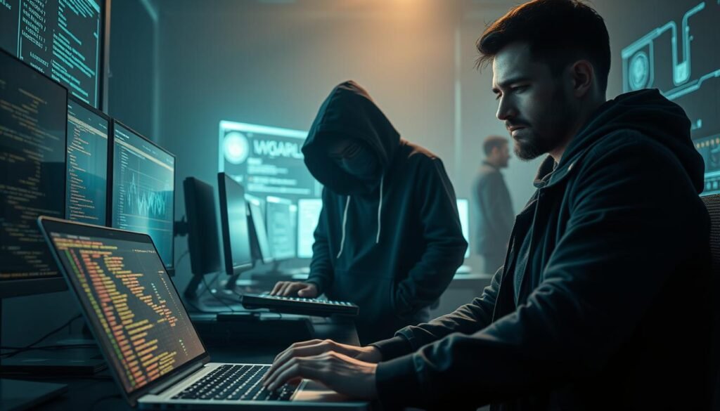 A cybersecurity landscape with three distinct hacker archetypes prominently featured. In the foreground, a white hat hacker scrutinizes lines of code on a laptop, radiating an aura of professionalism and ethical purpose. In the middle ground, a black hat hacker cloaked in shadow hunches over a keyboard, their features obscured by a hooded sweatshirt, exuding an air of malicious intent. Flanking them, a grey hat hacker stands in a pensive pose, their expression ambiguous, caught between the two extremes. The scene is illuminated by the soft glow of multiple screens, creating an atmospheric, high-tech ambiance. Subtle digital glyphs and data visualizations fade in and out of the background, evoking the complex, interconnected nature of the cyber realm.