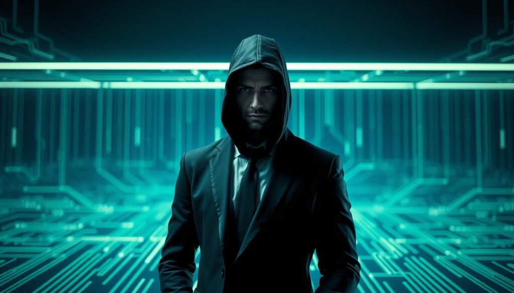 A cybersecurity professional in a sleek, dark suit standing confidently, their face partially obscured by a dark hood. In the background, a minimalist digital landscape with glowing circuit board patterns and lines of code cascading across the frame. Subtle blue and green hues create a high-tech, futuristic atmosphere. The lighting is dramatic, with shadows and highlights accentuating the subject's determined expression. The overall mood conveys the expertise and authority of a Certified Ethical Hacker, ready to protect against cyber threats.