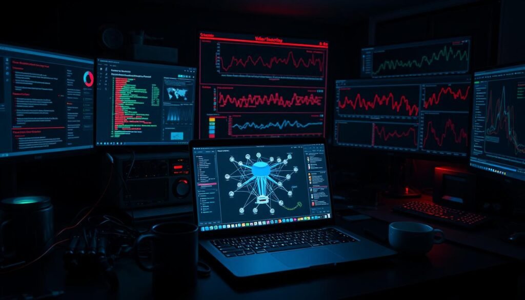 A dark and moody scene of a digital security expert's workspace, illuminated by the glow of multiple computer screens displaying various cybersecurity analysis tools. In the foreground, an open laptop showcases a vulnerability detection dashboard, surrounded by an array of cables, tools, and coffee mugs. The middle ground features a 3D model of a network topology, hinting at the complex infrastructure being monitored. In the background, a series of line graphs and data visualizations convey the severity and impact of the detected vulnerability, creating a sense of urgency and importance. The overall atmosphere is one of focused intensity, with subtle highlights and shadows enhancing the technical details of the scene.