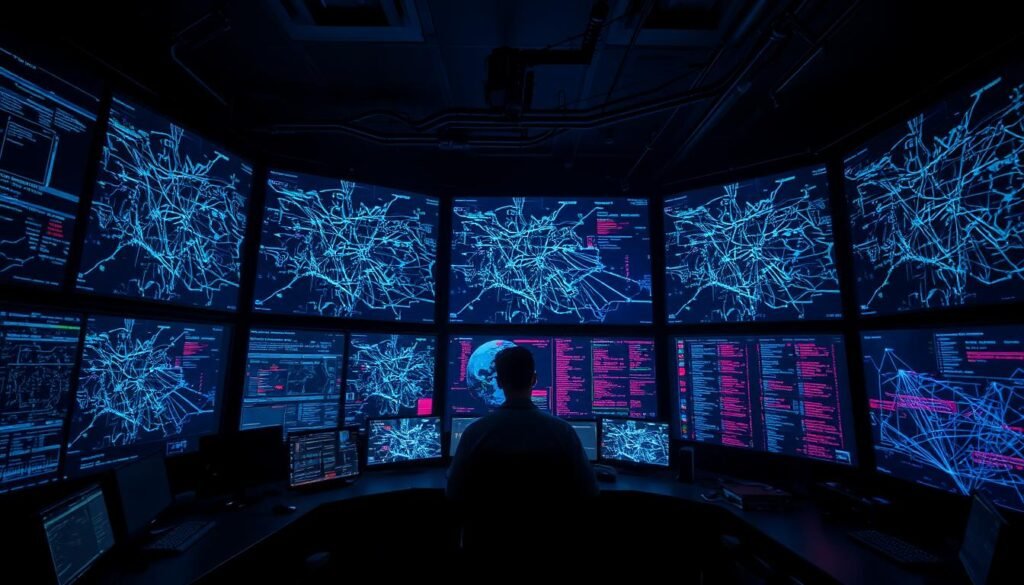 A dark control room filled with high-resolution monitors displaying a complex network visualization. Neon-lit data streams pulsate across the screens, revealing intricate patterns and anomalies. The room is bathed in an eerie, bluish glow, creating an atmosphere of intense focus and suspicion. In the foreground, a lone analyst scrutinizes the data, searching for signs of unusual activity that could indicate a potential security breach. The scene conveys a sense of heightened vigilance and the critical importance of identifying and addressing anomalies in network traffic to safeguard against cyber threats. A dark control room filled with high-resolution monitors displaying a complex network visualization. Neon-lit data streams pulsate across the screens, revealing intricate patterns and anomalies. The room is bathed in an eerie, bluish glow, creating an atmosphere of intense focus and suspicion. In the foreground, a lone analyst scrutinizes the data, searching for signs of unusual activity that could indicate a potential security breach. The scene conveys a sense of heightened vigilance and the critical importance of identifying and addressing anomalies in network traffic to safeguard against cyber threats.