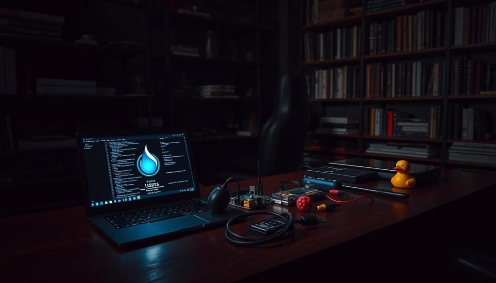 A dark, dimly lit room with various cybersecurity tools and devices prominently displayed on a sturdy wooden desk. In the foreground, a sleek black laptop with the Kali Linux logo glowing softly, its screen displaying complex code and network diagrams. In the middle ground, an array of hardware hacking tools, including a wireless adapter, a Raspberry Pi, and a USB Rubber Ducky. The background is filled with shelves containing technical books, manuals, and other cybersecurity-related items, casting long shadows across the scene. The overall atmosphere is one of focused intensity, with a subtle sense of mystery and anticipation, conveying the practical applications of Kali Linux in the world of ethical hacking and penetration testing. A dark, dimly lit room with various cybersecurity tools and devices prominently displayed on a sturdy wooden desk. In the foreground, a sleek black laptop with the Kali Linux logo glowing softly, its screen displaying complex code and network diagrams. In the middle ground, an array of hardware hacking tools, including a wireless adapter, a Raspberry Pi, and a USB Rubber Ducky. The background is filled with shelves containing technical books, manuals, and other cybersecurity-related items, casting long shadows across the scene. The overall atmosphere is one of focused intensity, with a subtle sense of mystery and anticipation, conveying the practical applications of Kali Linux in the world of ethical hacking and penetration testing.