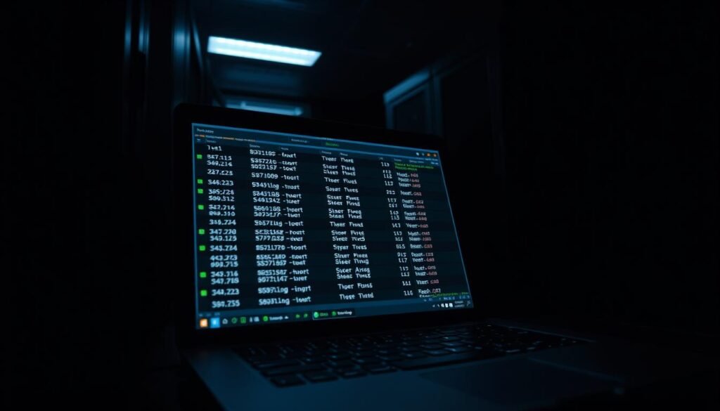 A dark, dimly lit server room with a laptop screen displaying a web server scan in progress. The display shows a grid of IP addresses, ports, and status indicators, illuminating the shadowy environment. Harsh, directional lighting casts dramatic shadows, creating a sense of tension and urgency. The scene is captured from a low angle, emphasizing the technical complexity and power of the scanning process. The overall mood is one of focus, determination, and the pursuit of hidden information, reflecting the "Finding Hidden Directories" theme.