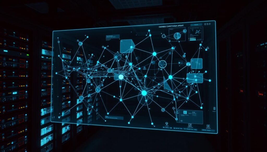 A dark, dimly-lit server room with banks of glowing, pulsing network equipment. In the foreground, a large holographic display shows a complex graph of interconnected nodes, representing user and device activity patterns. The display is overlaid with geometric shapes, lines, and indicators that highlight anomalies and deviations from the norm. The scene is bathed in a subtle blue-green glow, creating an atmosphere of technical sophistication and potential cyber threats. The camera angle is slightly elevated, giving a panoramic view of the room and the data visualization, conveying a sense of monitoring and oversight. A dark, dimly-lit server room with banks of glowing, pulsing network equipment. In the foreground, a large holographic display shows a complex graph of interconnected nodes, representing user and device activity patterns. The display is overlaid with geometric shapes, lines, and indicators that highlight anomalies and deviations from the norm. The scene is bathed in a subtle blue-green glow, creating an atmosphere of technical sophistication and potential cyber threats. The camera angle is slightly elevated, giving a panoramic view of the room and the data visualization, conveying a sense of monitoring and oversight.