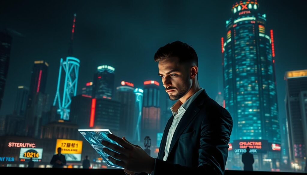 A dark, futuristic cityscape at night, illuminated by neon-lit skyscrapers and glowing data streams. In the foreground, a cybersecurity expert in a sleek, high-tech outfit examines a holographic display, their face cast in an intense, focused expression. Shadowy figures and digital threats loom in the middle ground, while in the background, a towering, state-of-the-art cybersecurity command center pulses with activity. The scene conveys the excitement, challenge, and importance of a career in ethical hacking, where cutting-edge technology and vigilance are essential to safeguarding the digital world.