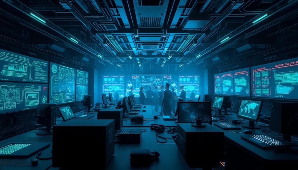 A dark, futuristic cybersecurity command center, bathed in a cool, blue-green glow. In the foreground, an array of sleek, high-tech tools - stylized laptops, tablets, and specialized security devices. Intricate circuit board patterns and holographic displays create an immersive, hyper-advanced atmosphere. In the middle ground, a team of experts, their faces illuminated by the glow of screens, deeply engaged in analysis and strategic planning. The background features a vast, interconnected network of servers, firewalls, and data visualization systems, hinting at the vast scale and complexity of modern cybersecurity operations. The scene conveys a sense of control, precision, and the relentless pursuit of digital security.