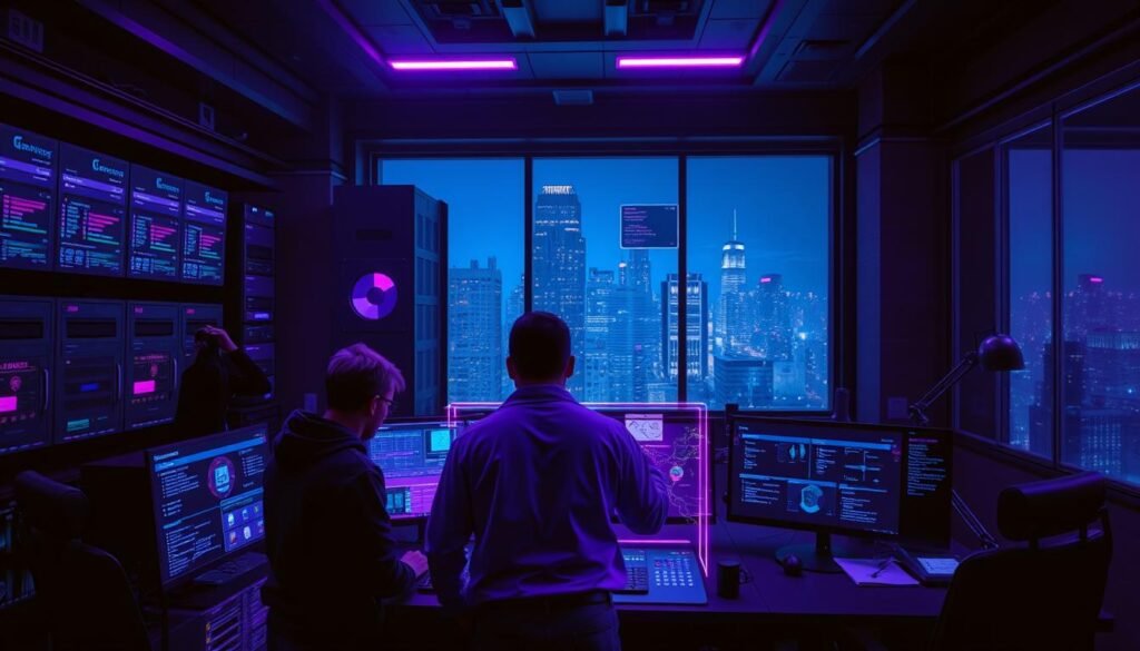 A dark, futuristic cybersecurity control room. In the foreground, two security analysts, one in purple and one in black, collaborate intently over a large holographic display. The middle ground features an array of screens showcasing network data, threat intelligence, and security alerts. In the background, a towering rack of servers and security appliances casts an ominous glow, while a large window reveals a nighttime cityscape. The scene is illuminated by a mix of purple and blue hues, creating an atmosphere of technological sophistication and proactive defense. The overall mood conveys the importance of purple teaming in modern cybersecurity, where offense and defense work hand-in-hand to anticipate and mitigate threats.