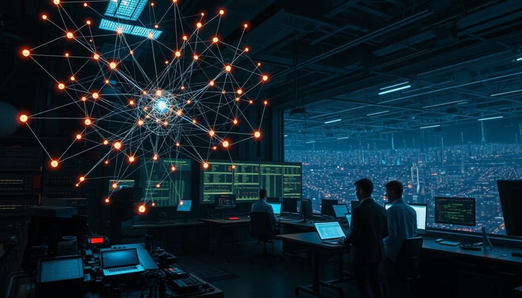 A dark, futuristic laboratory filled with sophisticated machinery and holographic displays. In the foreground, a complex neural network diagram hovers in the air, its intricate connections pulsing with energy. The middle ground features a team of data scientists intently studying anomalies detected by a state-of-the-art AI system, its algorithms illuminating patterns in real-time network traffic data. In the background, a vast, interconnected cyberscape stretches out, hinting at the scale and complexity of the task at hand. Dramatic lighting casts long shadows, creating a moody, high-tech atmosphere that evokes the power and precision of machine learning-driven anomaly detection. A dark, futuristic laboratory filled with sophisticated machinery and holographic displays. In the foreground, a complex neural network diagram hovers in the air, its intricate connections pulsing with energy. The middle ground features a team of data scientists intently studying anomalies detected by a state-of-the-art AI system, its algorithms illuminating patterns in real-time network traffic data. In the background, a vast, interconnected cyberscape stretches out, hinting at the scale and complexity of the task at hand. Dramatic lighting casts long shadows, creating a moody, high-tech atmosphere that evokes the power and precision of machine learning-driven anomaly detection.