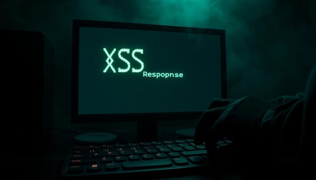 A dark, gloomy computer screen displaying a sinister "XSS Response" message. The screen is illuminated by an eerie, sickly green glow, casting unsettling shadows across the desk. In the foreground, a hacker's gloved hand hovers over the keyboard, fingers poised to strike. The background is shrouded in an ominous, hazy atmosphere, suggesting a sense of foreboding and danger. The overall scene conveys the severity and threat of a successful cross-site scripting attack, ready to unleash its malicious payload. A dark, gloomy computer screen displaying a sinister "XSS Response" message. The screen is illuminated by an eerie, sickly green glow, casting unsettling shadows across the desk. In the foreground, a hacker's gloved hand hovers over the keyboard, fingers poised to strike. The background is shrouded in an ominous, hazy atmosphere, suggesting a sense of foreboding and danger. The overall scene conveys the severity and threat of a successful cross-site scripting attack, ready to unleash its malicious payload.