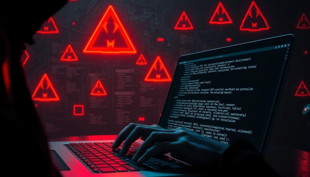 A dark, gritty cybersecurity scene depicting SQL injection techniques. In the foreground, a hacker's hands typing furiously on a laptop, lines of code scrolling across the screen. Behind them, a tangled web of database schemas and tables, representing the vulnerable system. Ominous red warning signs and glyphs hover in the background, creating a sense of impending danger. The lighting is dramatic, with deep shadows and ominous highlights, emphasizing the shadowy, illicit nature of the attack. The overall atmosphere is tense, foreboding, and technically detailed, reflecting the complex and potentially devastating nature of SQL injection vulnerabilities. A dark, gritty cybersecurity scene depicting SQL injection techniques. In the foreground, a hacker's hands typing furiously on a laptop, lines of code scrolling across the screen. Behind them, a tangled web of database schemas and tables, representing the vulnerable system. Ominous red warning signs and glyphs hover in the background, creating a sense of impending danger. The lighting is dramatic, with deep shadows and ominous highlights, emphasizing the shadowy, illicit nature of the attack. The overall atmosphere is tense, foreboding, and technically detailed, reflecting the complex and potentially devastating nature of SQL injection vulnerabilities.