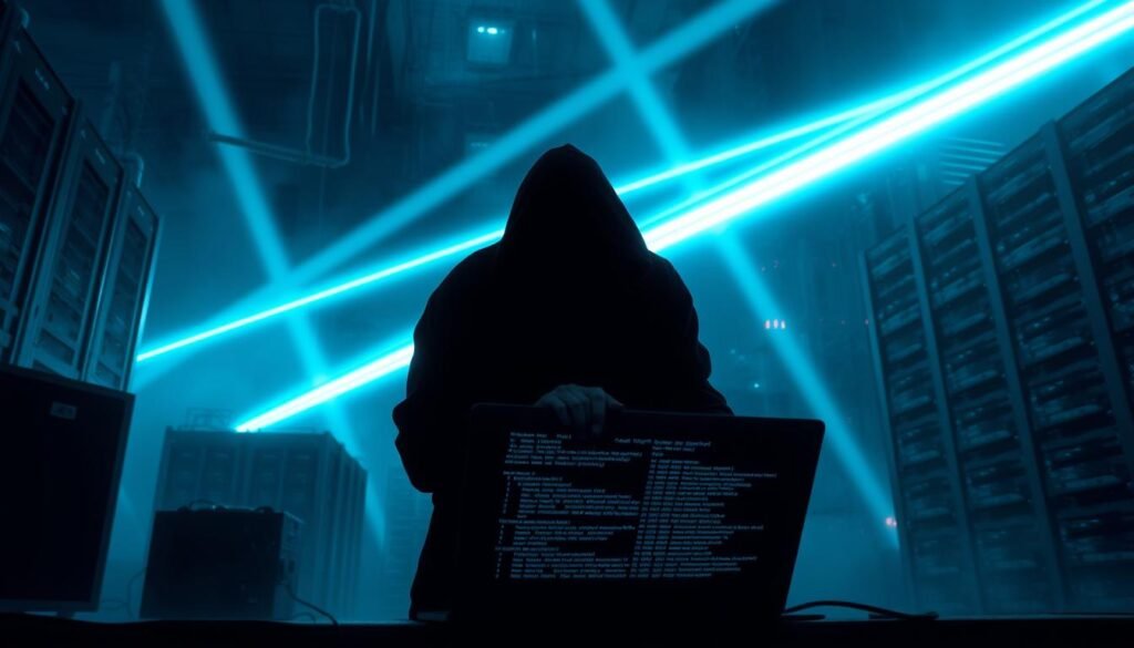 A dark, industrial landscape with towering, ominous-looking computer servers and data centers. In the foreground, a shadowy figure hunched over a laptop, lines of code cascading across the screen. Beams of eerie, neon-blue light slice through the gloom, casting an ominous glow on the scene. The air is thick with a sense of danger and the unseen threats of zero-day exploits, ready to strike at any moment. The whole image conveys a palpable feeling of unease and the ever-present risk of sophisticated cyber attacks.