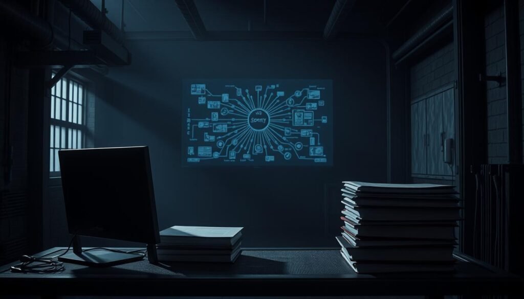 A dark, industrial room with high ceilings and exposed pipes. In the foreground, a desktop computer and a stack of binders on a metal desk, symbolizing security audits and testing. Dim lighting casts long shadows, creating a sense of tension and vigilance. In the middle ground, a large, wall-mounted monitor displays a complex network diagram, highlighting interconnected systems and potential vulnerabilities. The background is shrouded in a hazy, moody atmosphere, suggesting the weight and importance of the task at hand. A dark, industrial room with high ceilings and exposed pipes. In the foreground, a desktop computer and a stack of binders on a metal desk, symbolizing security audits and testing. Dim lighting casts long shadows, creating a sense of tension and vigilance. In the middle ground, a large, wall-mounted monitor displays a complex network diagram, highlighting interconnected systems and potential vulnerabilities. The background is shrouded in a hazy, moody atmosphere, suggesting the weight and importance of the task at hand.
