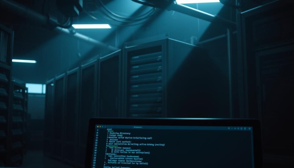A dark, industrial setting with a central focus on a server rack showcasing an active directory setup. The rack features sleek, modern hardware in shades of black and gray, casting dramatic shadows across the scene. In the foreground, a workstation displays a command prompt interface, hinting at the technical nature of the environment. Soft, directional lighting from above creates a sense of depth and atmosphere, while the background is blurred, emphasizing the importance of the active directory configuration. The overall mood is one of technical precision and seriousness, reflecting the nature of the task at hand.